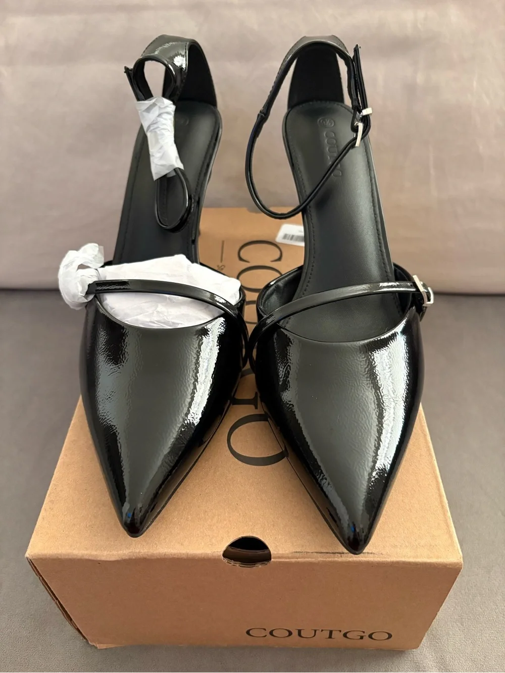 Coutgo Women’s Black Patent Pointed-Toe Ankle-Strap Pumps - US Size 9.5